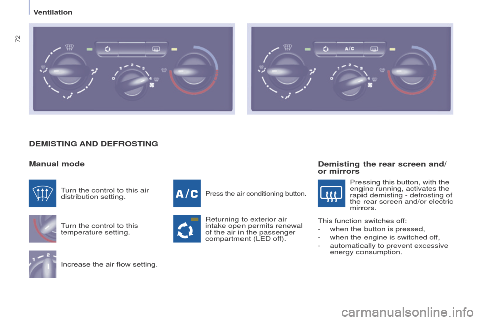 Peugeot Partner 2017  Owners Manual 72
Partner-2-VU_en_Chap04_Ergonomie_ed02-2016
DEMISTING AND DEFROSTING
Manual mode
Turn the control to this 
temperature setting.
Increase the air flow setting.
Press the air conditioning button.
Retu