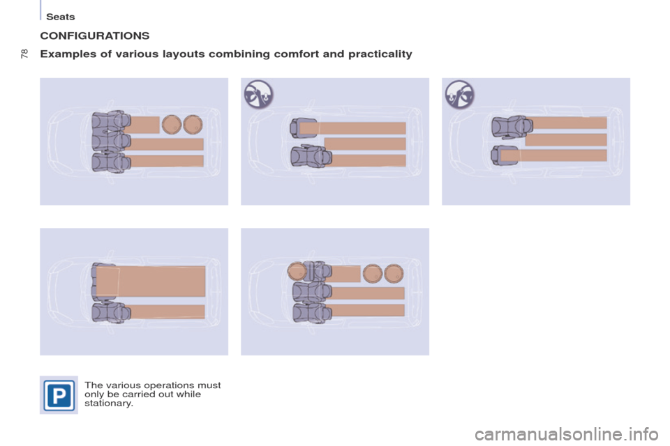 Peugeot Partner 2017  Owners Manual 78
Partner-2-VU_en_Chap04_Ergonomie_ed02-2016
Seats
CONFIGURATIONS
Examples of various layouts combining comfort and practicality
The various operations must 
only be carried out while 
stationary.  