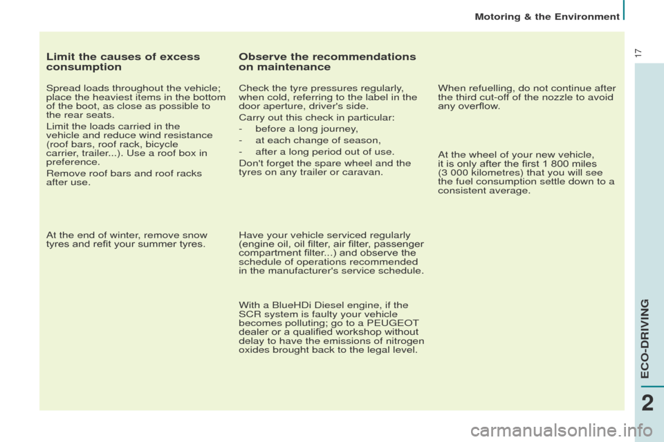 Peugeot Partner 2017 Owners Manual - RHD (UK, Australia) 17
Motoring & the Environment
Partner-2-VU_en_Chap02_eco-conduite_ed02-2016
Limit the causes of excess
consumption
Spread loads throughout the vehicle;
place the heaviest items in the bottom
of the Peugeot Partner 2017 Owners Manual - RHD (UK, Australia) 17
Motoring & the Environment
Partner-2-VU_en_Chap02_eco-conduite_ed02-2016
Limit the causes of excess
consumption
Spread loads throughout the vehicle;
place the heaviest items in the bottom
of the