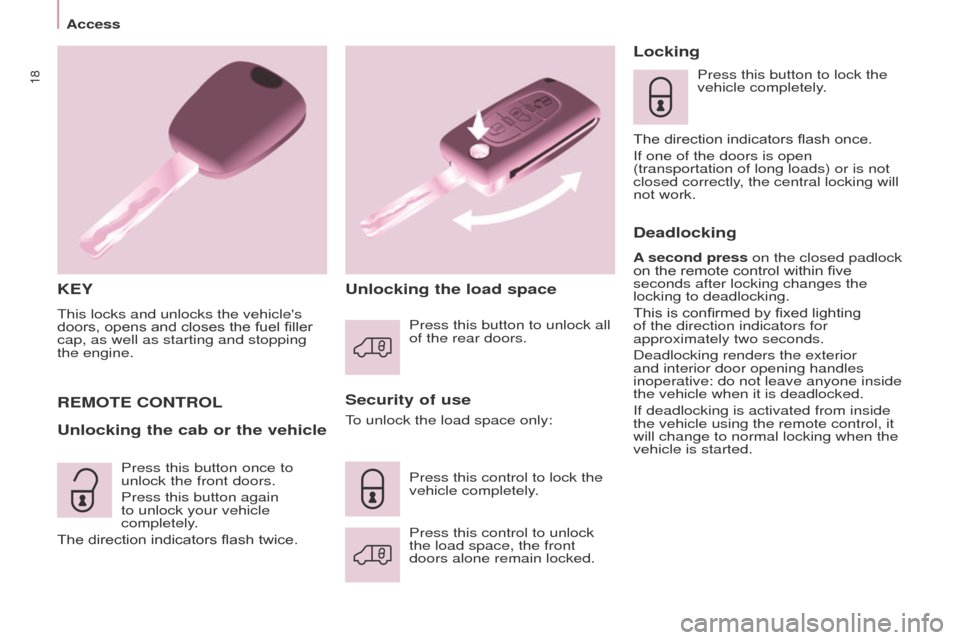Peugeot Partner 2017  Owners Manual - RHD (UK, Australia) 18
Access
Partner-2-VU_en_Chap03_Pret-a-partir_ed02-2016
KEY
This locks and unlocks the vehicles 
doors, opens and closes the fuel filler 
cap, as well as starting and stopping 
the engine.
Security 