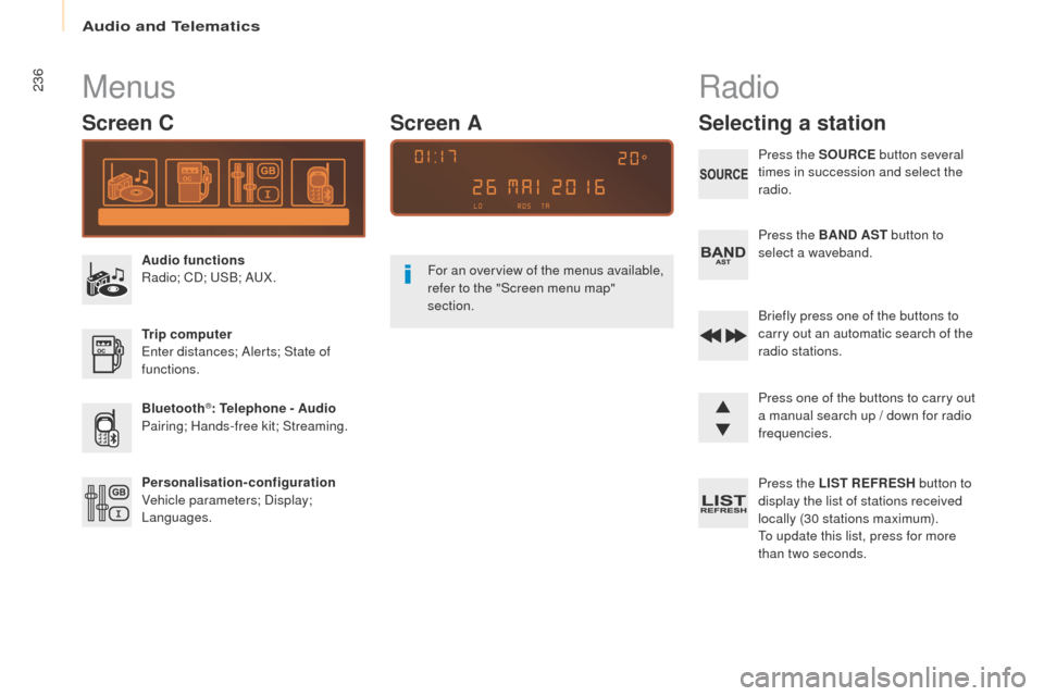 Peugeot Partner 2017  Owners Manual - RHD (UK, Australia) Audio and Telematics
236
Partner-2-VU_en_Chap10b_RD45_ed02-2016
Menus
Screen C
Audio functions
Radio; CD; USB; AUX.
Trip computer
Enter distances; Alerts; State of 
functions.
Bluetooth
®: Telephone 
