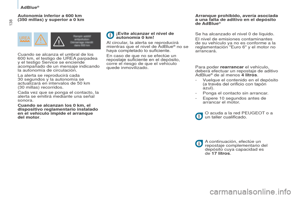 Peugeot Partner 2017  Manual del propietario (in Spanish) 138
Partner-2-VU_es_Chap07_Verification_ed02-2016
AdBlue®
Cuando se alcanza el umbral de los 
600  km, el testigo de UREA parpadea 
y el testigo Service se enciende 
acompañado de un mensaje indican