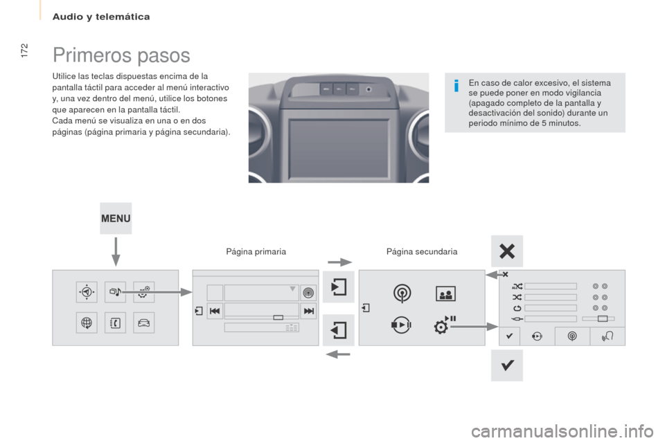 Peugeot Partner 2017  Manual del propietario (in Spanish) Audio y telemática
172
Partner-2-VU_es_Chap10a_SMEGplus_ed02-2016
Primeros pasos
Utilice las teclas dispuestas encima de la 
pantalla táctil para acceder al menú interactivo 
y, una vez dentro del 