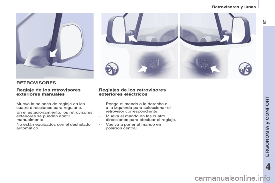 Peugeot Partner 2017  Manual del propietario (in Spanish) 87
Partner-2-VU_es_Chap04_Ergonomie_ed02-2016
Retrovisores y lunas
Reglajes de los retrovisores 
exteriores eléctricos
R
ETROVISORESReglaje de los retrovisores 
exteriores manuales
Mueva la palanca d