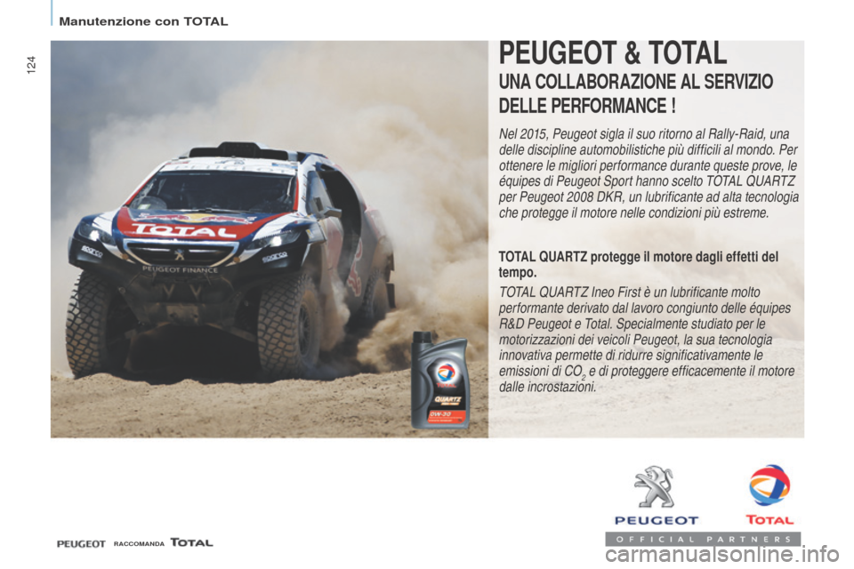 Peugeot Partner 2017  Manuale del proprietario (in Italian) 124
Partner-2-VU_it_Chap07_Verification_ed02-2016
PEUGEOT & TOTAL
UNA COLLABORAZIONE AL SERVIZIO
DELLE PERFORMANCE !
Nel 2015, Peugeot sigla il suo ritorno al Rally-Raid, una 
delle discipline automob