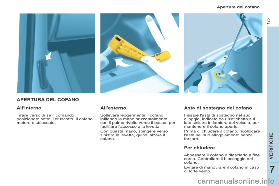 Peugeot Partner 2017  Manuale del proprietario (in Italian) 125
Apertura del cofano
Partner-2-VU_it_Chap07_Verification_ed02-2016
APERTURA DEL  COFANO
Asta di sostegno del cofano
Fissare lasta di sostegno nel suo 
alloggio, indicato da unetichetta sul 
lato 