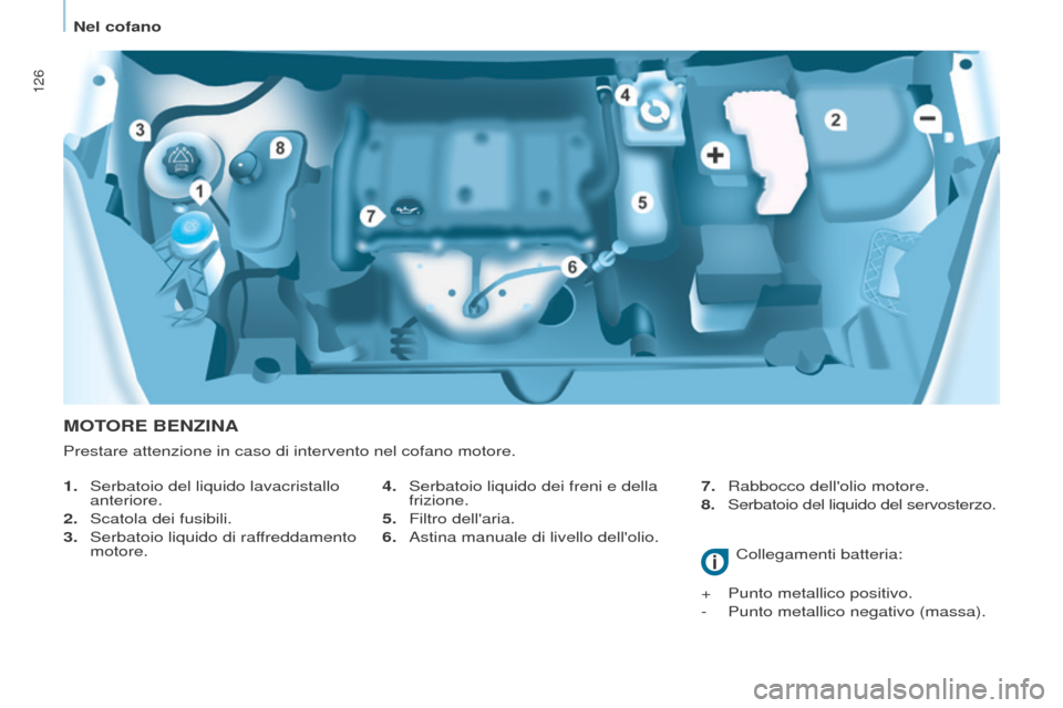 Peugeot Partner 2017  Manuale del proprietario (in Italian) 126
Partner-2-VU_it_Chap07_Verification_ed02-2016
MOTORE BENZINA
1. Serbatoio del liquido lavacristallo 
anteriore.
2.
 
Scatola dei fusibili.
3.

 
Serbatoio liquido di raf
 freddamento 
motore. Coll