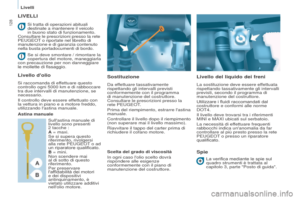 Peugeot Partner 2017  Manuale del proprietario (in Italian) 128
Partner-2-VU_it_Chap07_Verification_ed02-2016
LIVELLI
Sostituzione
Da effettuare tassativamente 
rispettando gli intervalli previsti 
conformemente con il programma 
di manutenzione del costruttor