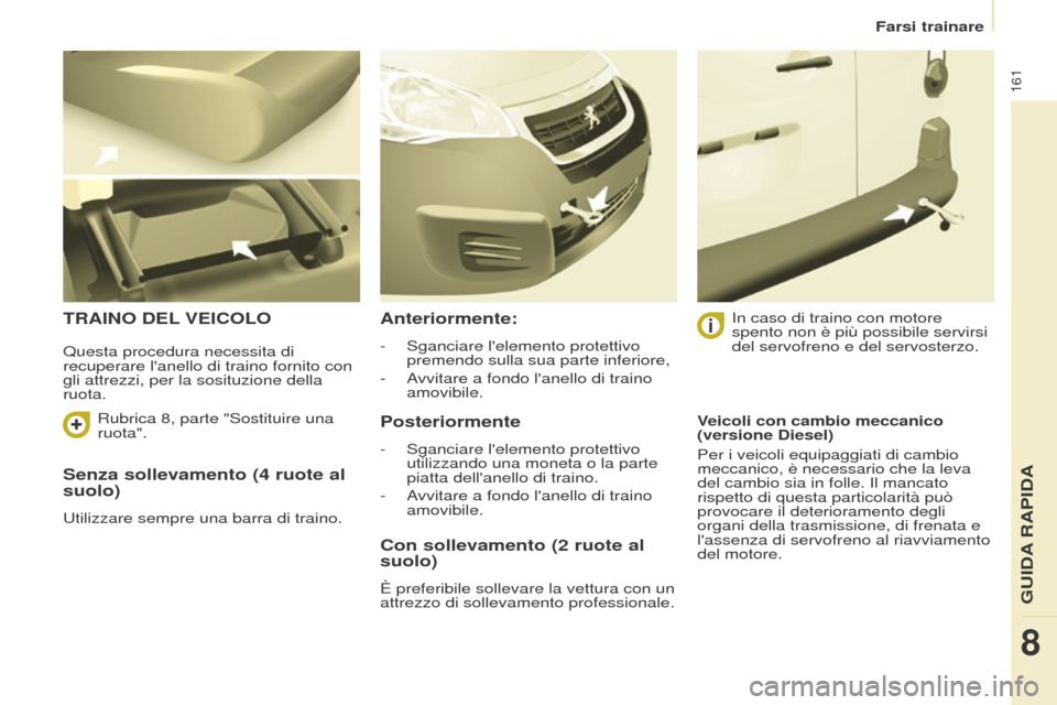 Peugeot Partner 2017  Manuale del proprietario (in Italian) 161
Partner-2-VU_it_Chap08_Aide-rapide_ed02-2016
Farsi trainare
Senza sollevamento (4 ruote al 
suolo)
Utilizzare sempre una barra di traino.
TRAINO DEL  VEICOLOAnteriormente:
- Sganciare lelemento p