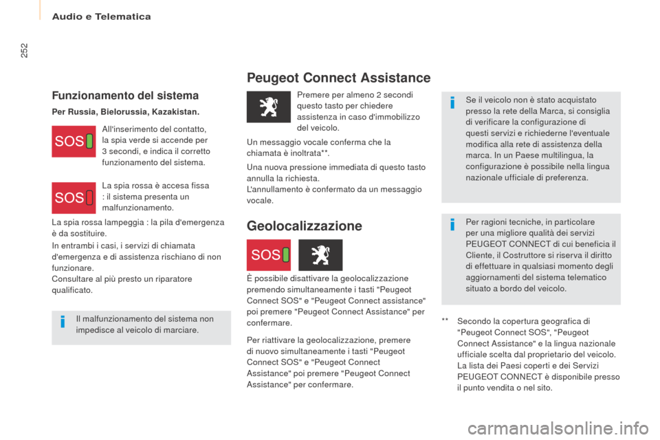 Peugeot Partner 2017  Manuale del proprietario (in Italian) Audio e Telematica
252
Partner-2-VU_it_Chap10c_BTA-3R_ed02-2016
Peugeot Connect Assistance
Funzionamento del sistemaSe il veicolo non è stato acquistato 
presso la rete della Marca, si consiglia 
di 