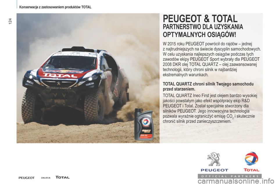 Peugeot Partner 2017  Instrukcja Obsługi (in Polish) 124
Partner-2-VU_pl_Chap07_Verification_ed02-2016
PEugEOT & TOTAL
PArTNErSTWO DLA uZyS KANIA
OPTyMALNyCh  OSIą góW !
W 2015 roku Peugeot powrócił do rajdów – jednej 
z   najtrudniejszych na św