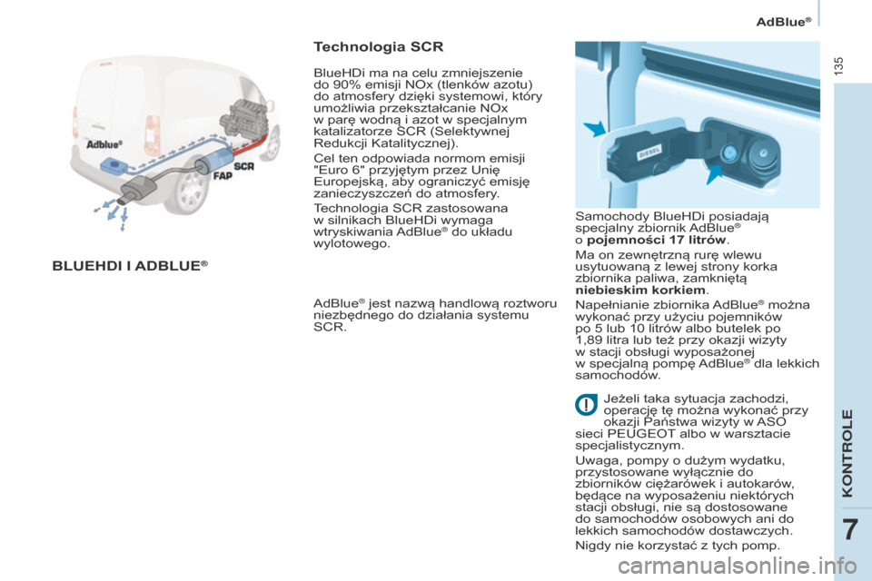 Peugeot Partner 2017  Instrukcja Obsługi (in Polish) 135
Partner-2-VU_pl_Chap07_Verification_ed02-2016
AdBlue®
BLuEhDI I AD B L u E®
Technologia SCr
AdBlue® jest nazwą handlową roztworu 
niezbędnego do działania systemu 
SCR. Samochody BlueHDi po