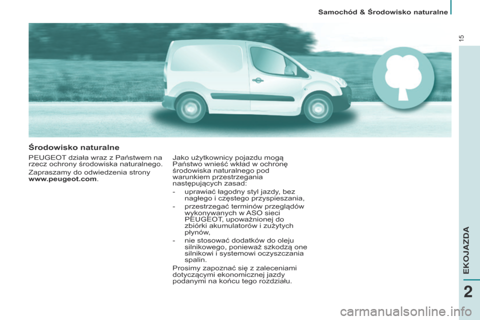 Peugeot Partner 2017  Instrukcja Obsługi (in Polish) 15
Samochód & Środowisko naturalne
Partner-2-VU_pl_Chap02_eco-conduite_ed02-2016
Środowisko naturalne
PEUGEOT działa wraz z Państwem na 
rzecz ochrony środowiska naturalnego.
Zapraszamy do odwie