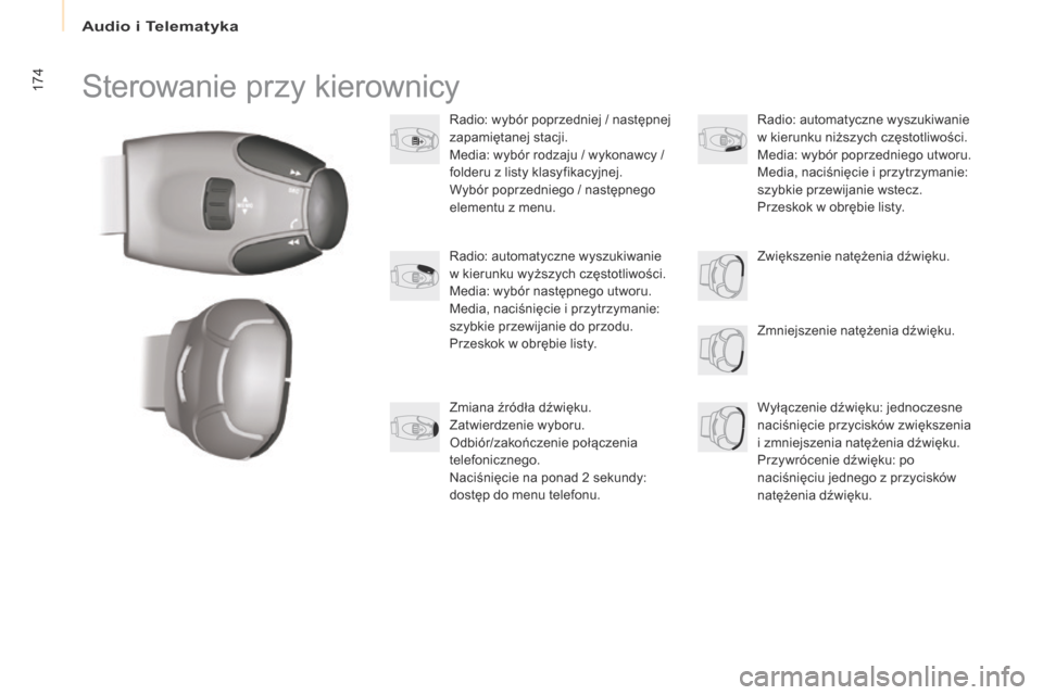 Peugeot Partner 2017  Instrukcja Obsługi (in Polish) Audio i Telematyka
174
Partner-2-VU_pl_Chap10a_SMEGplus_ed02-2016
Sterowanie przy kierownicy
Radio: wybór poprzedniej / następnej 
zapamiętanej stacji.
Media: wybór rodzaju / wykonawcy / 
folderu 
