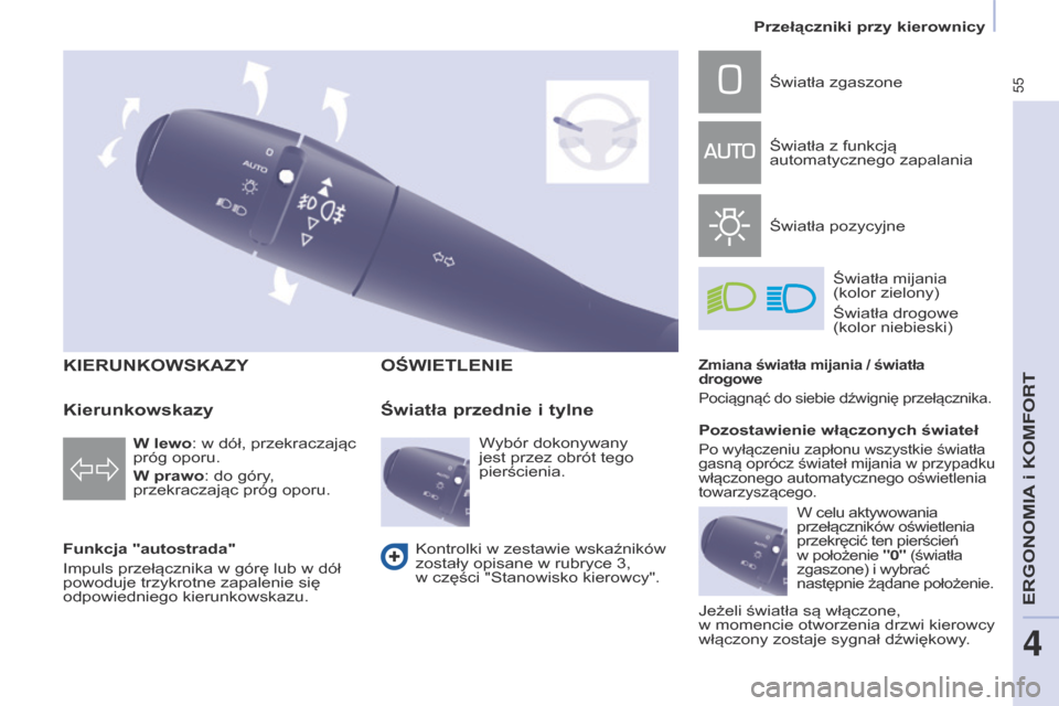 Peugeot Partner 2017  Instrukcja Obsługi (in Polish) 55
Partner-2-VU_pl_Chap04_Ergonomie_ed02-2016
KIEruNKOWSKAZy
Funkcja "autostrada"
Impuls przełącznika w  górę lub w   dół 
powoduje trzykrotne zapalenie się 
odpowiedniego kierunkowskazu.
OŚWI
