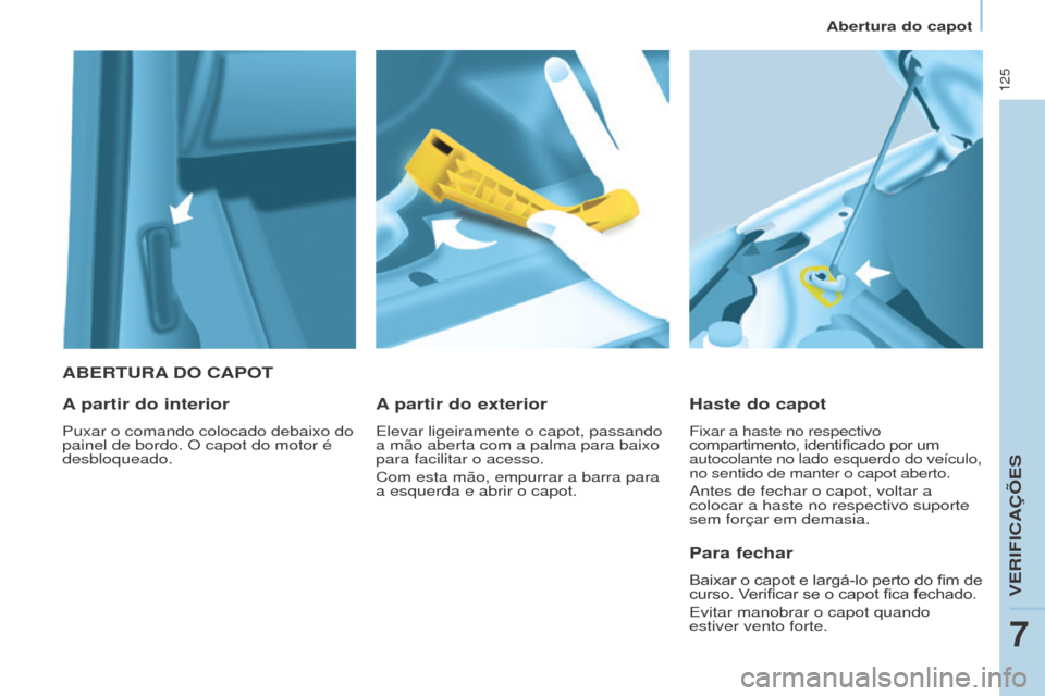 Peugeot Partner 2017  Manual do proprietário (in Portuguese) 125
Partner-2-VU_pt_Chap07_Verification_ed02-2016
ABERTURA DO   CAPOT
h aste do capot
Fixar a haste no respectivo 
compartimento,	 identificado 	 por 	 um	autocolante no lado esquerdo do veículo,

 
