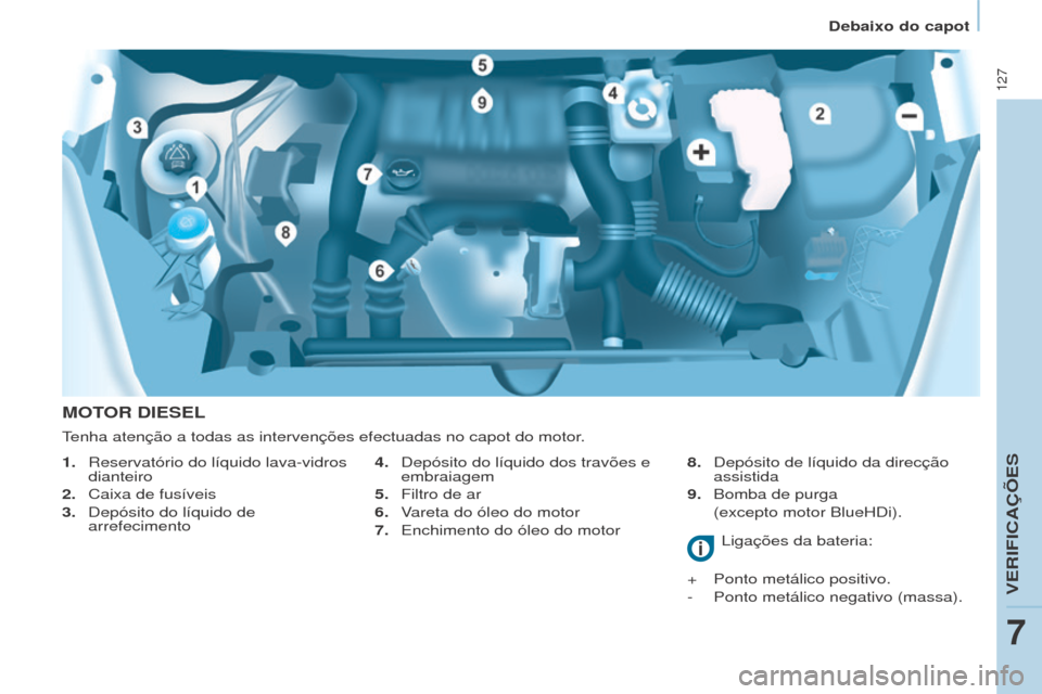 Peugeot Partner 2017  Manual do proprietário (in Portuguese) 127
Partner-2-VU_pt_Chap07_Verification_ed02-2016
MOTOR DIESEL
4. Depósito do líquido dos travões e 
embraiagem
5.
 
Filtro de ar
6.

 
V
 areta do óleo do motor
7.
 
Enchimento do óleo do motor 