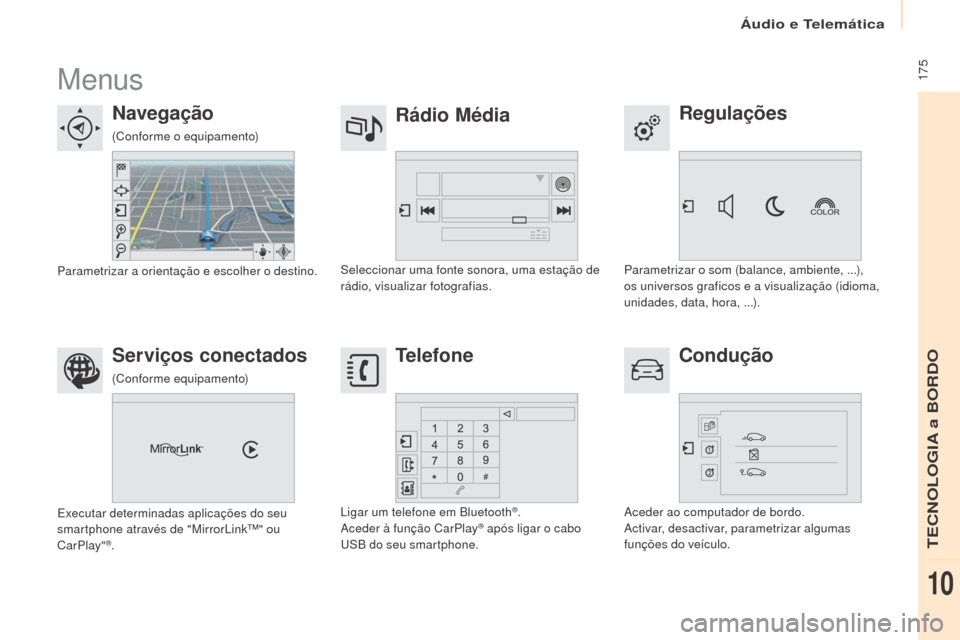 Peugeot Partner 2017  Manual do proprietário (in Portuguese) Áudio e Telemática
 175
Partner-2-Vu_pt_Chap10a_SMEgplus_ed02-2016
Menus
Regulações
Rádio Média
Navegação
Condução
Serviços conectados Telefone
Parametrizar o som (balance, ambiente, ...), 