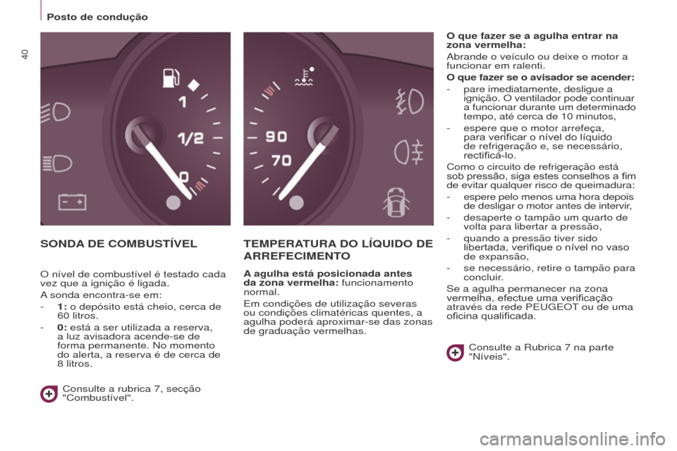 Peugeot Partner 2017  Manual do proprietário (in Portuguese) 40
Partner-2-Vu_pt_Chap03_Pret-a-partir_ed02-2016
Posto de condução
SONDA DE   COMBUSTÍVELT EMPERATURA  DO   LÍ q UIDO   DE  
ARREFECIMENT

O
A agulha está posicionada antes 
da zona vermelha: fu