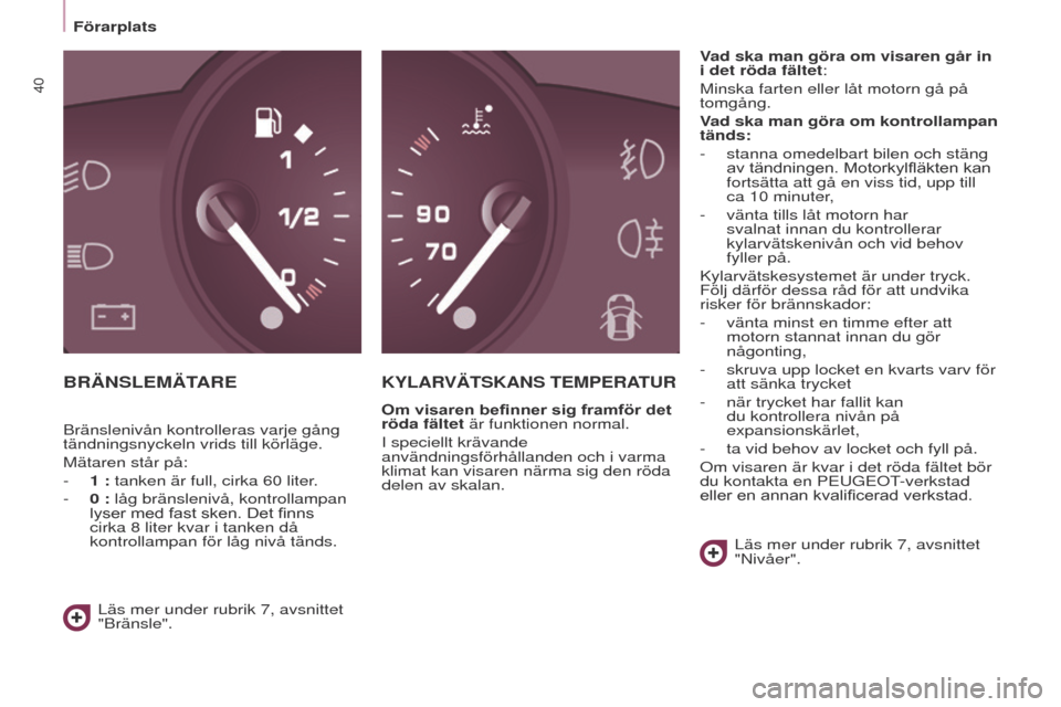 Peugeot Partner 2017  Ägarmanual (in Swedish) 40
Partner-2-Vu_sv_Chap03_Pret-a-partir_ed02-2016
Förarplats
BRÄNSLEMÄTAREKyLARVÄTSKANS TEMPERATuR
Om visaren befinner sig framför det 
röda fältet är funktionen normal.
I speciellt krävande 