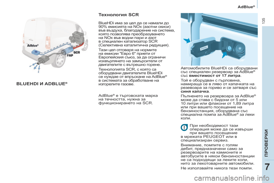 Peugeot Partner 2017  Ръководство за експлоатация (in Bulgarian) 135
Partner-2-VU_bg_Chap07_Verification_ed02-2016
AdBlue®
BlUEHDi И ADBlUE®
Технология SCR
AdBlue® e търговската марка 
на течността, нужна за 
функ