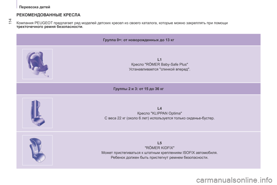 Peugeot Partner 2017  Инструкция по эксплуатации (in Russian) 11 4
Partner-2-Vu_ru_Chap05_Securite_ed02-2016
РЕКОМЕНДОВАННЫЕ КРЕСЛА
Группа 0+: от новорожденных до 13 кгL1 
Кресло "RÖM
e R Baby-Safe Plus"
Ус