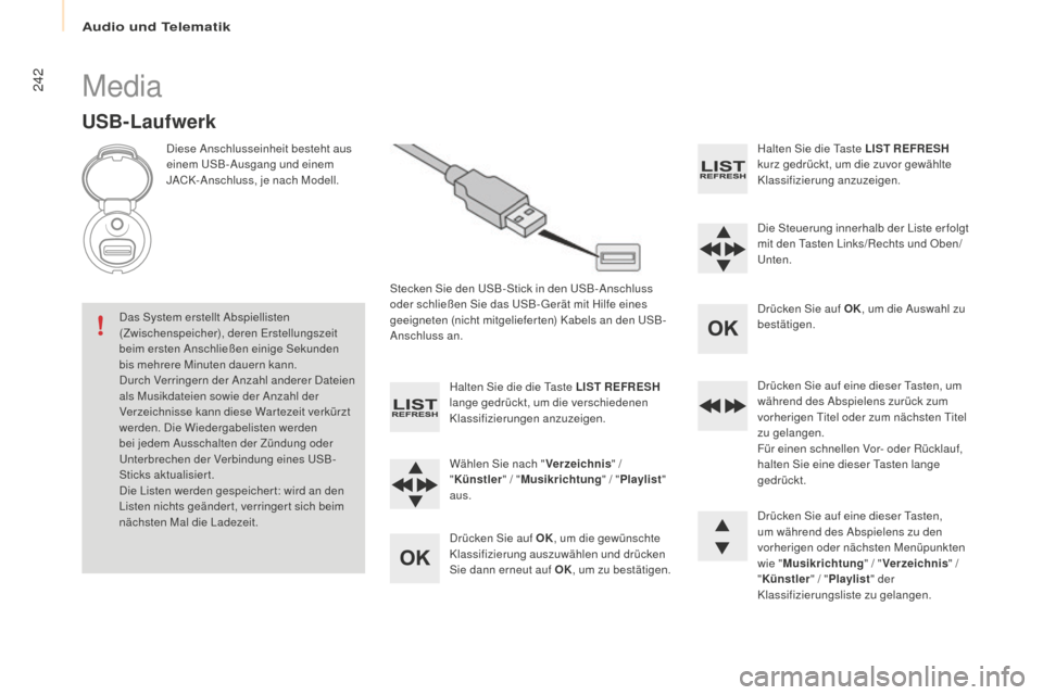 Peugeot Partner 2016  Betriebsanleitung (in German) 242
Partner-2-Vu_de_Chap10b_RD45_ed02-2015
Media
USB-Laufwerk
Diese Anschlusseinheit besteht aus 
einem USB-Ausgang und einem 
JACK-Anschluss, je nach Modell.Stecken Sie den USB-Stick in den USB-Ansch
