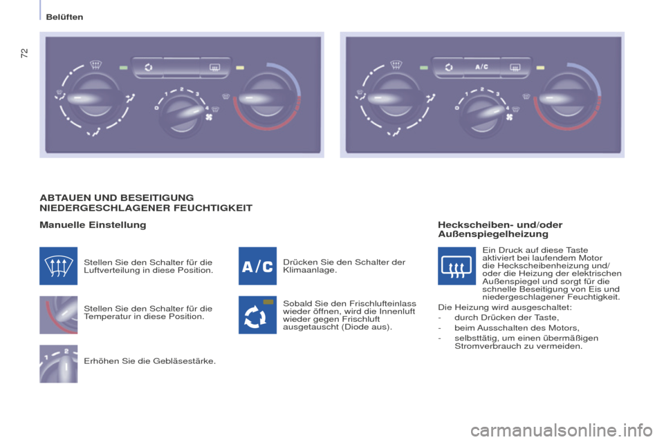 Peugeot Partner 2016  Betriebsanleitung (in German) 72
Partner-2-Vu_de_Chap04_Ergonomie_ed02-2015
ABTAUEN UND BESEITIGUNG NIEDERGESCHLAGENER FEUCHTIGKEIT
Manuelle Einstellung
Stellen Sie den Schalter für die 
Temperatur in diese Position.
Erhöhen Sie