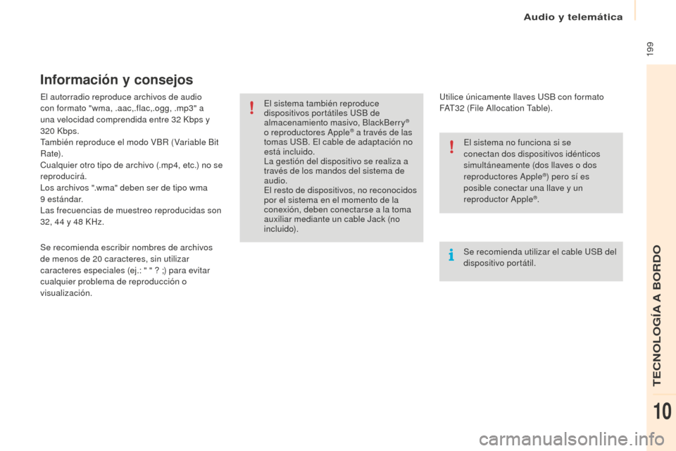 Peugeot Partner 2016 Manual del propietario (in Spanish) 199
Partner-2-Vu_es_Chap10a_SMEGplus_ed02-2015
El autorradio reproduce archivos de audio
con formato "wma, .aac,.flac,.ogg, .mp3" a
una velocidad comprendida entre 32
Kb
ps y
320
Kb
ps.
Tambié Peugeot Partner 2016 Manual del propietario (in Spanish) 199
Partner-2-Vu_es_Chap10a_SMEGplus_ed02-2015
El autorradio reproduce archivos de audio
con formato "wma, .aac,.flac,.ogg, .mp3" a
una velocidad comprendida entre 32
Kb
ps y
320
Kb
ps.
Tambié