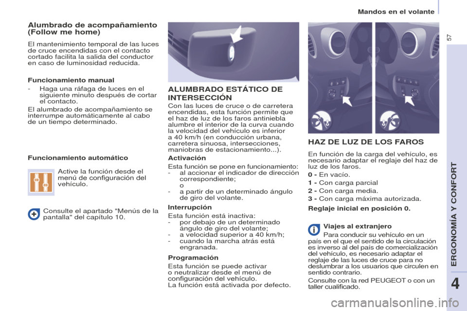 Peugeot Partner 2016  Manual del propietario (in Spanish) 57
Mandos en el volante
Partner-2-Vu_es_Chap04_Ergonomie_ed02-2015
Alumbrado de acompañamiento 
(Follow me home)
El mantenimiento temporal de las luces 
de cruce encendidas con el contacto 
cortado f