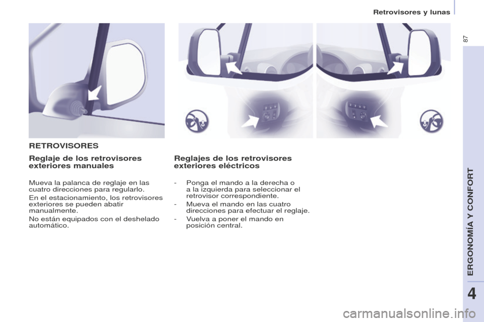Peugeot Partner 2016  Manual del propietario (in Spanish) 87
Retrovisores y lunas
Partner-2-Vu_es_Chap04_Ergonomie_ed02-2015
Reglajes de los retrovisores 
exteriores eléctricos
R
ETROVISORES
Reglaje de los retrovisores 
exteriores manuales
Mueva la palanca 