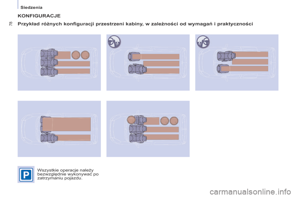 Peugeot Partner 2016  Instrukcja Obsługi (in Polish) 78
Siedzenia
Partner-2-Vu_pl_Chap04_Ergonomie_ed02-2015
KONFIgurACJE
Przykład różnych 
konfiguracji przestrzeni kabiny, w
 zależności od 
 wymagań i
 praktyczności
Wszystkie operacje należy 
b