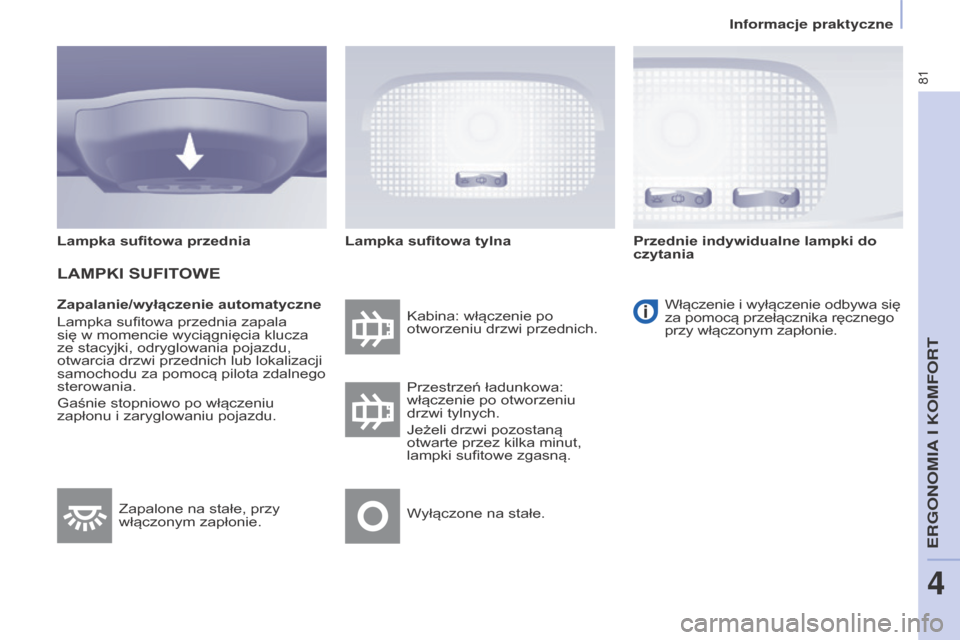 Peugeot Partner 2016  Instrukcja Obsługi (in Polish) 81
Partner-2-Vu_pl_Chap04_Ergonomie_ed02-2015
Zapalanie/wyłączenie automatyczne
Lampka sufitowa przednia zapala 
się w
 momencie wyciągnięcia klucza 
ze stacyjki, odryglowania pojazdu, 
otwarcia 