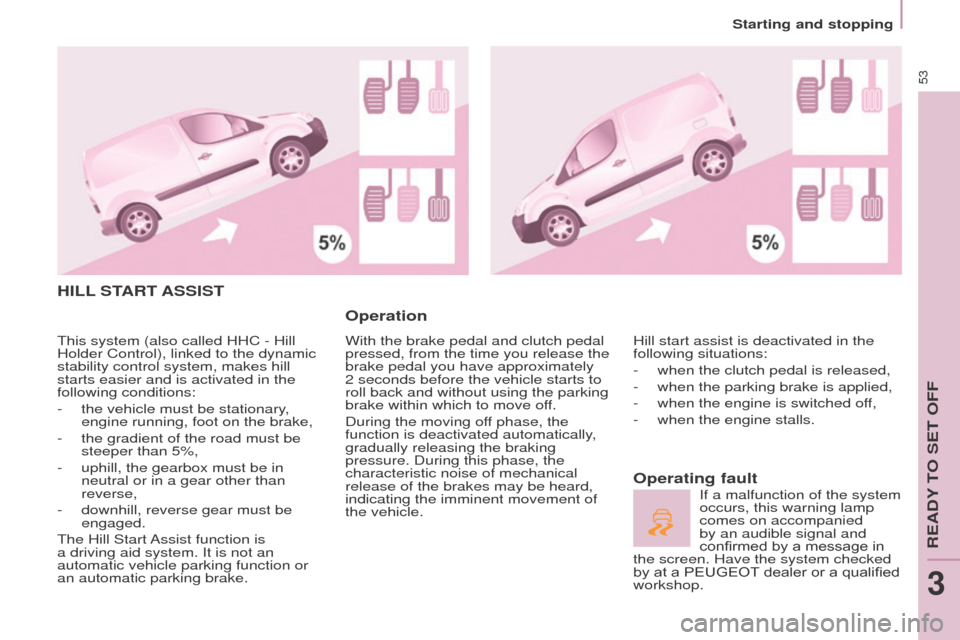Peugeot Partner 2015  Owners Manual - RHD (UK, Australia) 53
Partner-2-VU_en_Chap03_Pret-a-partir_ed01-2015
HILL START  ASSIST
Operation
With the brake pedal and clutch pedal 
pressed, from the time you release the 
brake pedal you have approximately 
2 seco