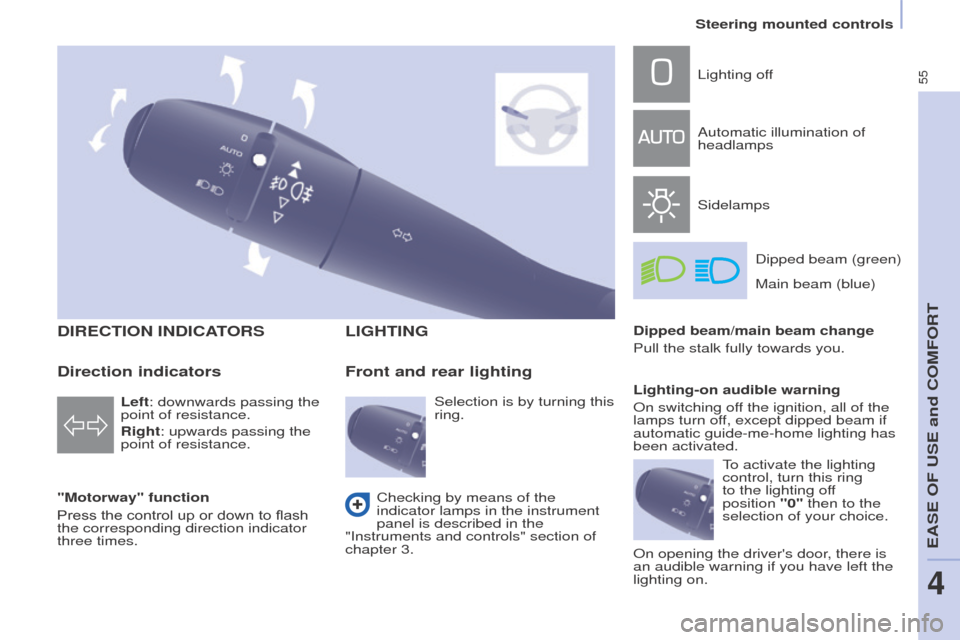 Peugeot Partner 2015  Owners Manual - RHD (UK, Australia) 55
Partner-2-VU_en_Chap04_Ergonomie_ed01-2015
DIRECTION INDICATORS
"Motorway" function
Press the control up or down to flash 
the corresponding direction indicator 
three times.
LIGHTING
Left: downwar