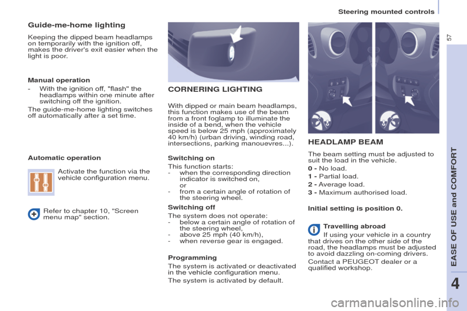 Peugeot Partner 2015  Owners Manual - RHD (UK, Australia) 57
Partner-2-VU_en_Chap04_Ergonomie_ed01-2015
Guide-me-home lighting
Keeping the dipped beam headlamps 
on temporarily with the ignition off, 
makes the drivers exit easier when the 
light is poor.
H