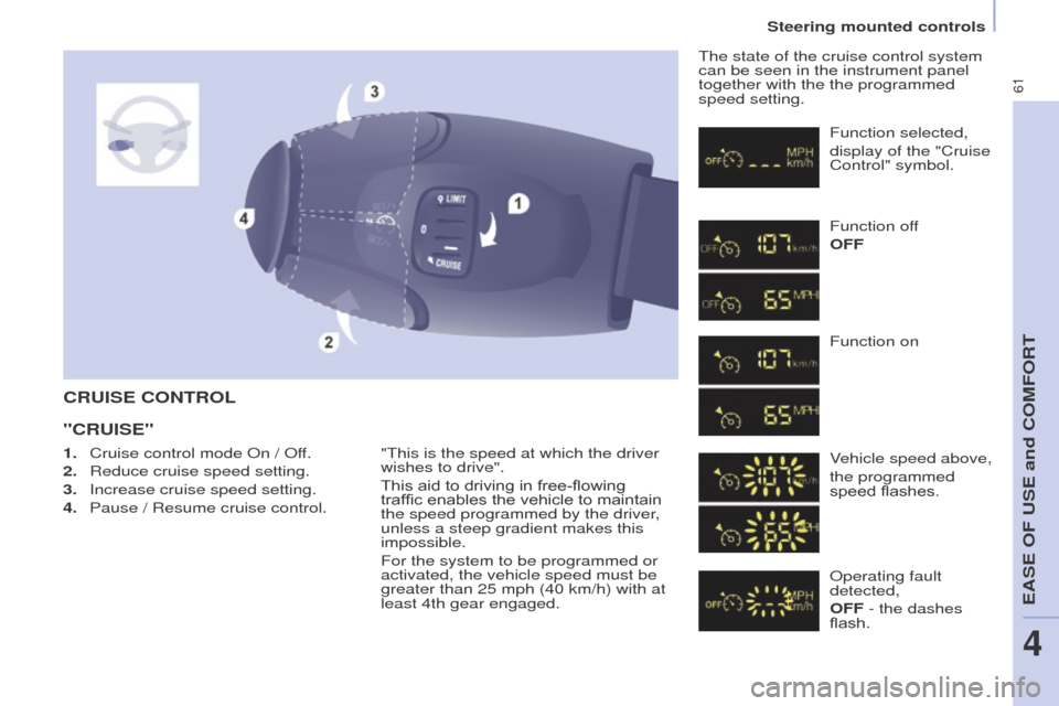 Peugeot Partner 2015  Owners Manual - RHD (UK, Australia) 61
Partner-2-VU_en_Chap04_Ergonomie_ed01-2015
CRUISE CONTROL
"CRUISE"
"This is the speed at which the driver 
wishes to drive".
This aid to driving in free-flowing 
traffic enables the vehicle to main