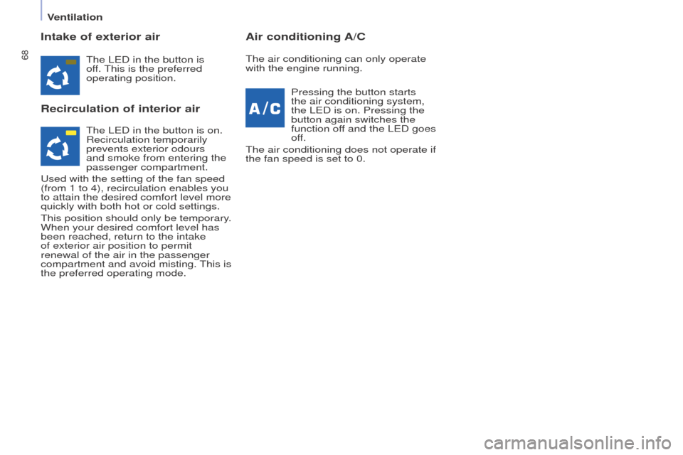 Peugeot Partner 2015  Owners Manual - RHD (UK, Australia) 68
Partner-2-VU_en_Chap04_Ergonomie_ed01-2015
Intake of exterior air
Recirculation of interior airAir conditioning A/C
The LED in the button is 
off. This is the preferred 
operating position.
Pressin