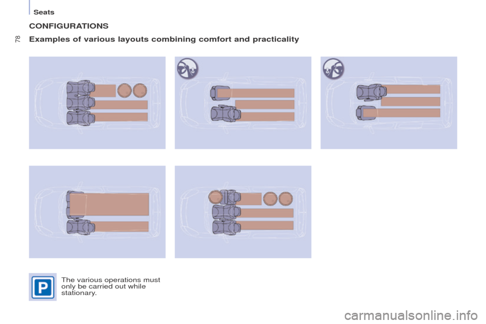 Peugeot Partner 2015  Owners Manual - RHD (UK, Australia) 78
Partner-2-VU_en_Chap04_Ergonomie_ed01-2015
CONFIGURATIONS
Examples of various layouts combining comfort and practicality
The various operations must 
only be carried out while 
stationary. 
Seats  