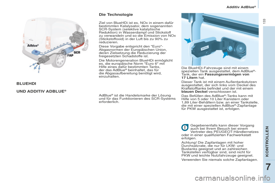 Peugeot Partner 2015 Betriebsanleitung (in German) 133
Partner-2-VU_de_Chap07_Verification_ed01-2015
BLUEHDI
UND A DDITIV A D B LUE
®
Die Technologie
AdBlue® ist die Handelsmarke der Lösung
und für das Funktionieren des SCR-Systems
erforderlic Peugeot Partner 2015 Betriebsanleitung (in German) 133
Partner-2-VU_de_Chap07_Verification_ed01-2015
BLUEHDI
UND A DDITIV A D B LUE
®
Die Technologie
AdBlue® ist die Handelsmarke der Lösung
und für das Funktionieren des SCR-Systems
erforderlic