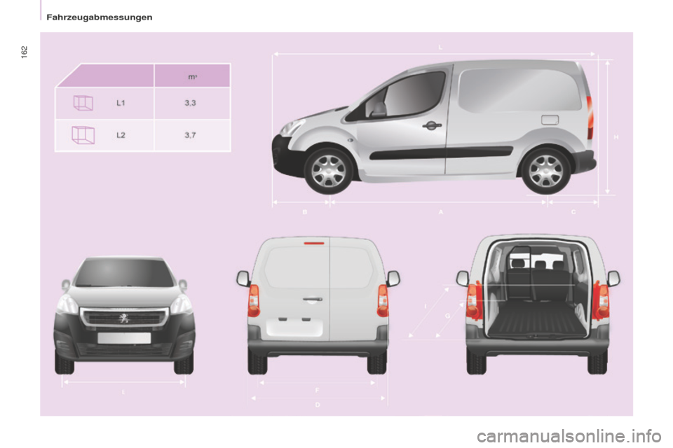 Peugeot Partner 2015  Betriebsanleitung (in German) 162
Partner-2-VU_de_Chap09_Caract-technique_ed01-2015 
Fahrzeugabmessungen  