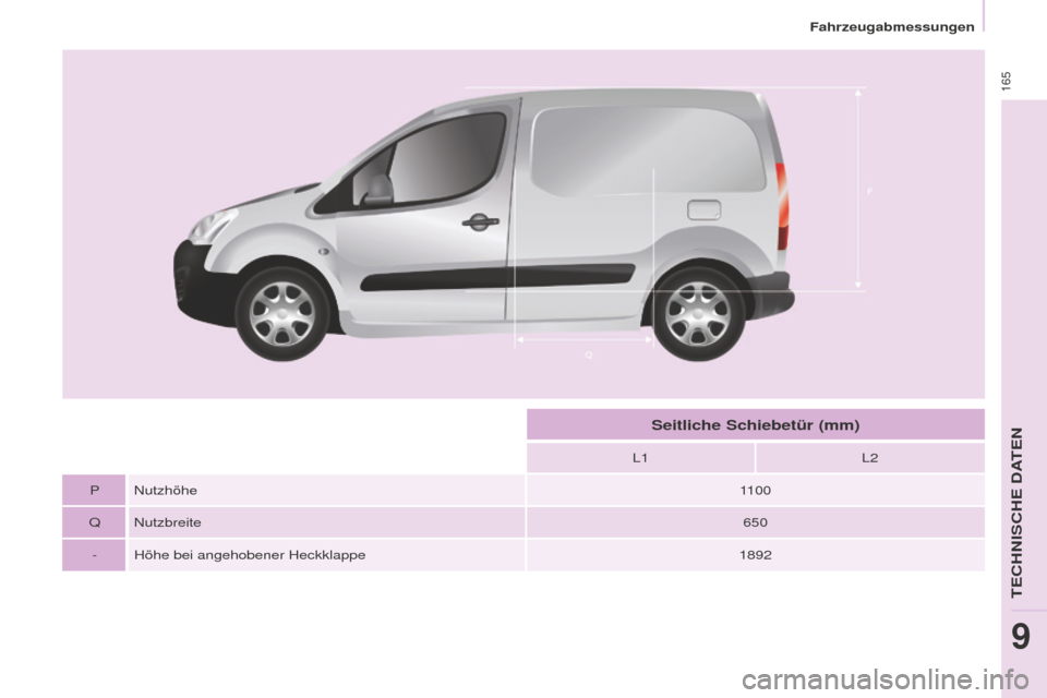 Peugeot Partner 2015  Betriebsanleitung (in German) 165
Partner-2-VU_de_Chap09_Caract-technique_ed01-2015
L1L2
P Nutzhöhe 1100
Q Nutzbreite 650
- Höhe bei angehobener Heckklappe 1892
Seitliche Schiebetür (mm) 
Fahrzeugabmessungen
TECHNISCHE DATEN
9 