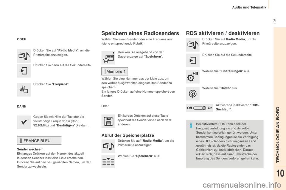 Peugeot Partner 2015 Betriebsanleitung (in German) 195
Partner-2-VU_de_Chap10a_SMEGplus_ed01-2015
Wählen Sie einen Sender oder eine Frequenz aus
(siehe entsprechende Rubrik).Drücken Sie auf Radio Media
, um die
Primärseite anzuzeigen.
Drücken S Peugeot Partner 2015 Betriebsanleitung (in German) 195
Partner-2-VU_de_Chap10a_SMEGplus_ed01-2015
Wählen Sie einen Sender oder eine Frequenz aus
(siehe entsprechende Rubrik).Drücken Sie auf Radio Media
, um die
Primärseite anzuzeigen.
Drücken S
