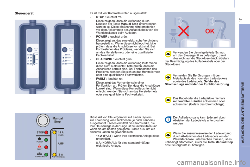 Peugeot Partner 2015 Betriebsanleitung (in German) 17
AUFLADEN DER ANTRIEBSBATTERIE
Vermeiden Sie Berührungen mit dem
Metallaufsatz des normalen Ladesteckers
sowie des Ladekabels. Gefahr des
Stromschlags und/oder der Funktionsstörung.
Peugeot Partner 2015 Betriebsanleitung (in German) 17
AUFLADEN DER ANTRIEBSBATTERIE
Vermeiden Sie Berührungen mit dem
Metallaufsatz des normalen Ladesteckers
sowie des Ladekabels. Gefahr des
Stromschlags und/oder der Funktionsstörung.