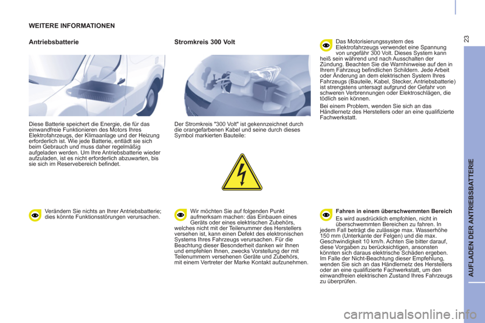 Peugeot Partner 2015 Betriebsanleitung (in German) 23
AUFLADEN DER ANTRIEBSBATTERIE
WEITERE INFORMATIONEN
Antriebsbatterie
Diese Batterie speichert die Energie, die für das
einwandfreie Funktionieren des Motors Ihres
Elektrofahrzeugs, Peugeot Partner 2015 Betriebsanleitung (in German) 23
AUFLADEN DER ANTRIEBSBATTERIE
WEITERE INFORMATIONEN
Antriebsbatterie
Diese Batterie speichert die Energie, die für das
einwandfreie Funktionieren des Motors Ihres
Elektrofahrzeugs,