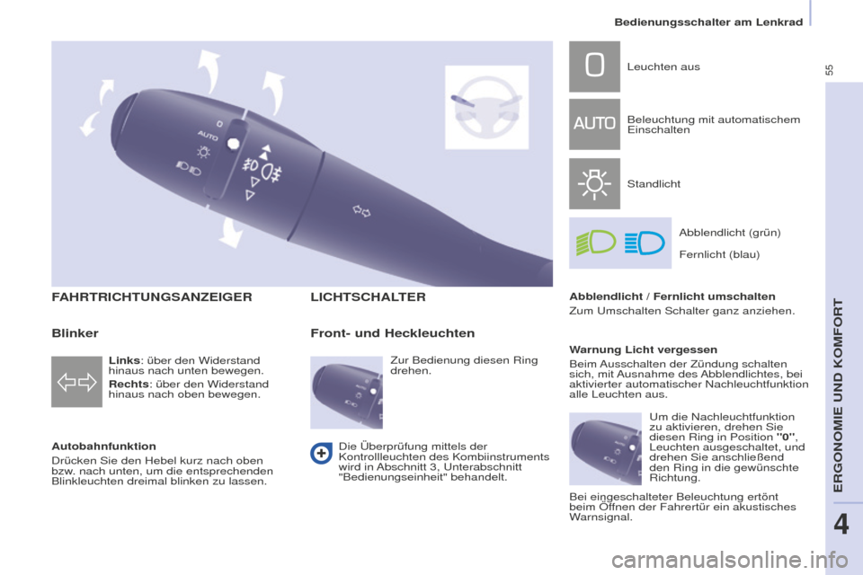 Peugeot Partner 2015 Betriebsanleitung (in German) 55
Partner-2-VU_de_Chap04_Ergonomie_ed01-2015
FAHRTRICHTUNGSANZEIGER
Autobahnfunktion
Drücken Sie den Hebel kurz nach oben
bzw. nach unten, um die entsprechenden
Blinkleuchten dreimal blinken zu la Peugeot Partner 2015 Betriebsanleitung (in German) 55
Partner-2-VU_de_Chap04_Ergonomie_ed01-2015
FAHRTRICHTUNGSANZEIGER
Autobahnfunktion
Drücken Sie den Hebel kurz nach oben
bzw. nach unten, um die entsprechenden
Blinkleuchten dreimal blinken zu la