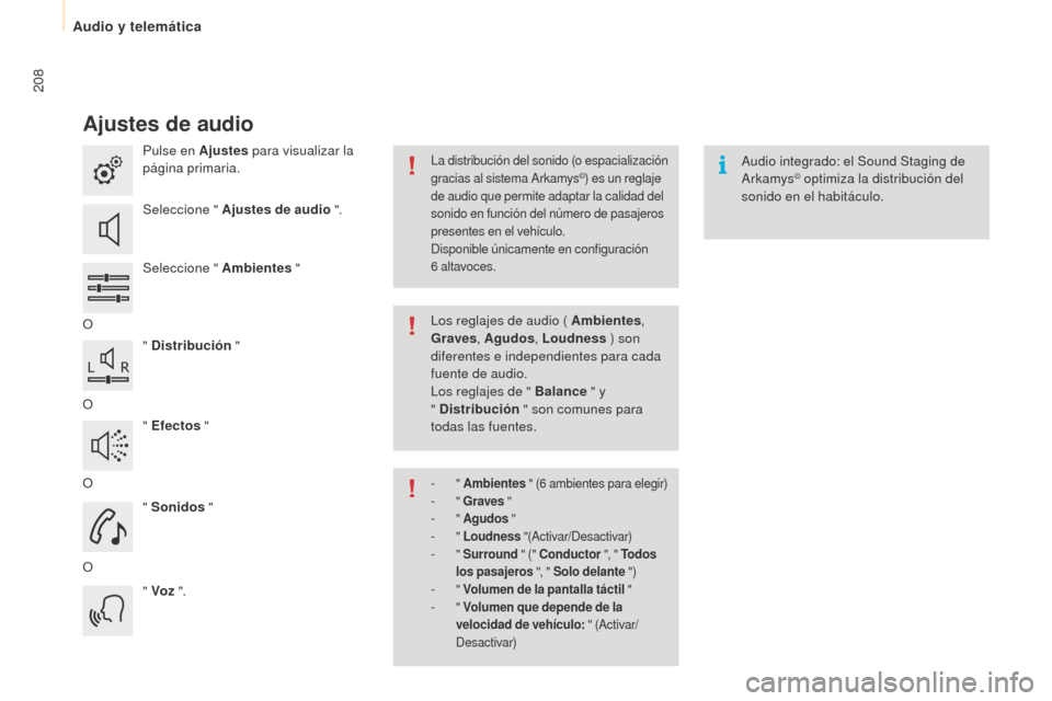 Peugeot Partner 2015 Manual del propietario (in Spanish) 208
Partner-2-VU_es_Chap10a_SMEGplus_ed01-2015
Ajustes de audio
Pulse en Ajustes para visualizar la
página primaria.
Seleccione " Ajustes de audio ".
Seleccione " Ambientes "
O " Distribución "
O Peugeot Partner 2015 Manual del propietario (in Spanish) 208
Partner-2-VU_es_Chap10a_SMEGplus_ed01-2015
Ajustes de audio
Pulse en Ajustes para visualizar la
página primaria.
Seleccione " Ajustes de audio ".
Seleccione " Ambientes "
O " Distribución "
O