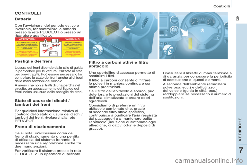 Peugeot Partner 2015  Manuale del proprietario (in Italian) 129
Partner-2-VU_it_Chap07_Verification_ed01-2015
CONTROLLI
Filtro a carboni attivi e filtro 
abitacolo
Uno sportellino daccesso permette di 
sostituire i filtri.
Il filtro a carboni consente di filt