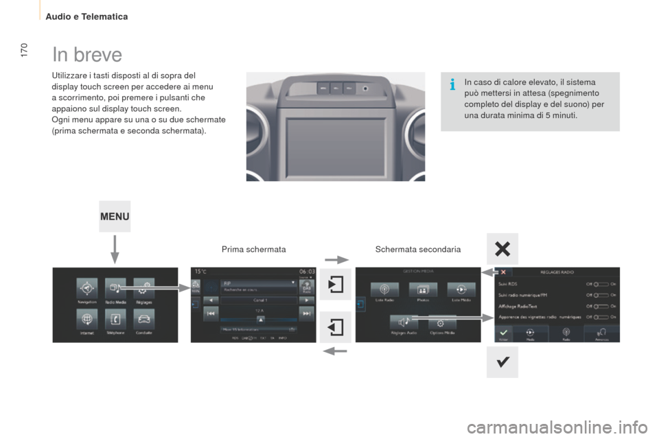 Peugeot Partner 2015  Manuale del proprietario (in Italian) 170
Partner-2-VU_it_Chap10a_SMEGplus_ed01-2015
In breve
Utilizzare i tasti disposti al di sopra del 
display touch screen per accedere ai menu 
a scorrimento, poi premere i pulsanti che 
appaiono sul 