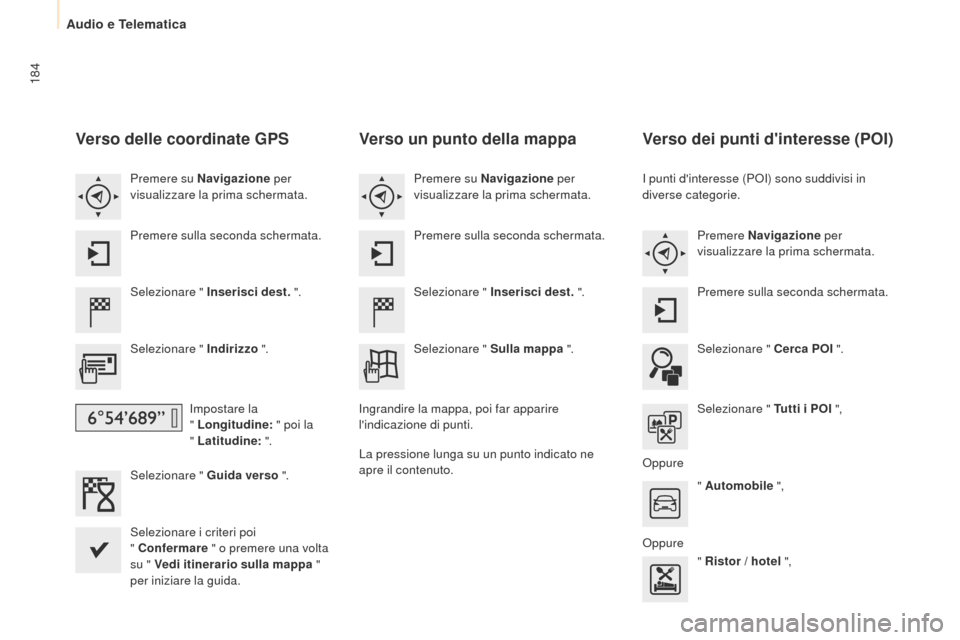 Peugeot Partner 2015 Manuale del proprietario (in Italian) 184
Partner-2-VU_it_Chap10a_SMEGplus_ed01-2015
Verso delle coordinate GPS
Selezionare " Inserisci dest. ".
Selezionare " Indirizzo ".
Impostare la
" Longitudine: " poi la
" Latitudine: ".
Selez Peugeot Partner 2015 Manuale del proprietario (in Italian) 184
Partner-2-VU_it_Chap10a_SMEGplus_ed01-2015
Verso delle coordinate GPS
Selezionare " Inserisci dest. ".
Selezionare " Indirizzo ".
Impostare la
" Longitudine: " poi la
" Latitudine: ".
Selez